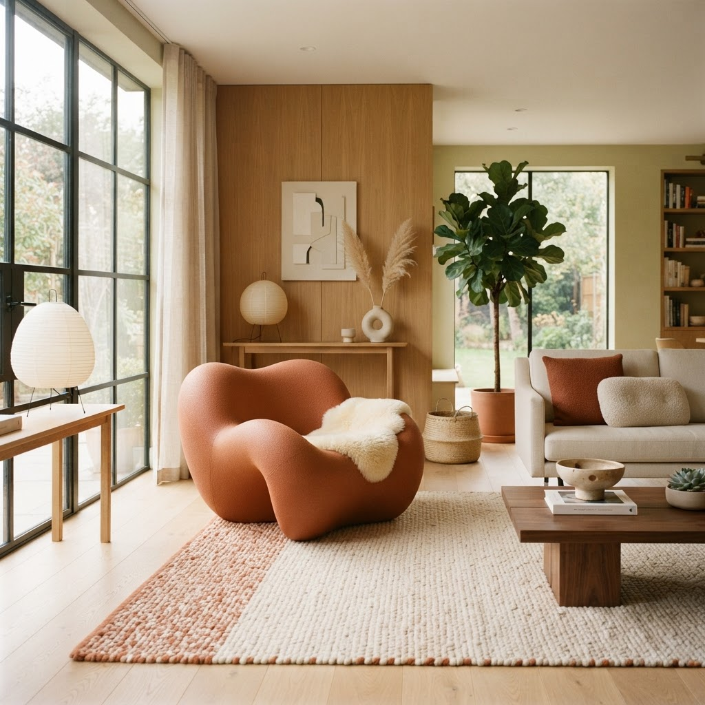 Styled living room featuring a sculptural designer armchair in warm tones