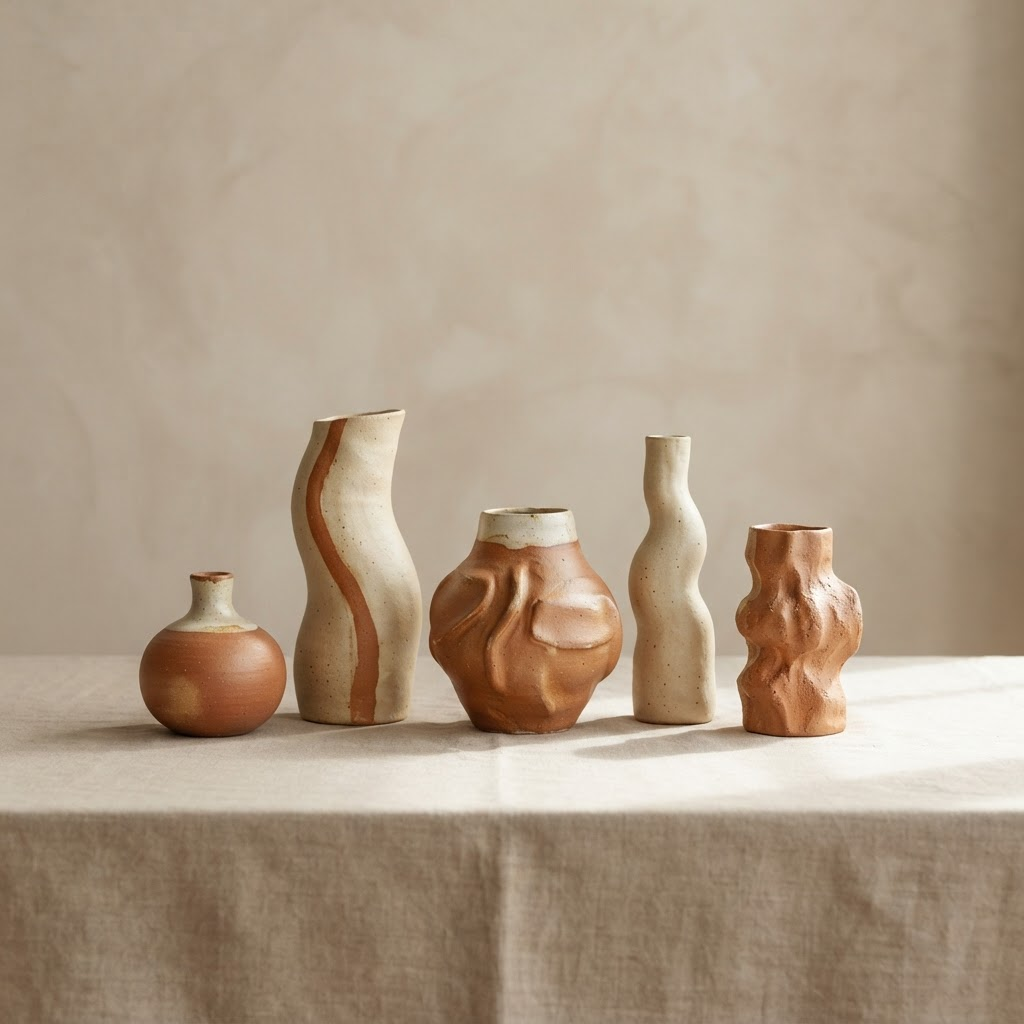 Set of handcrafted ceramic art vases in cream and terracotta glaze
